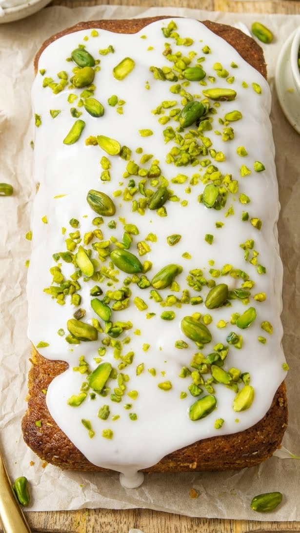 A sliced pistachio banana bread loaf on a cooling rack