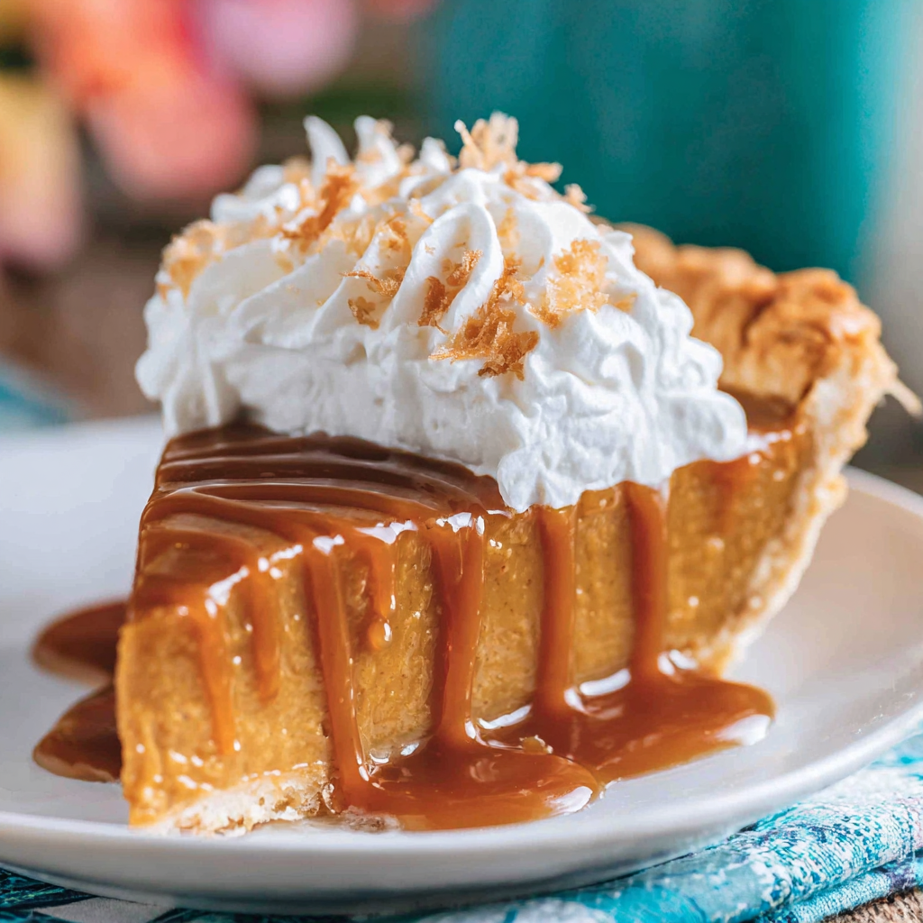 Close up photo of a slice of butterscotch pie on a white plate on a blue napkin