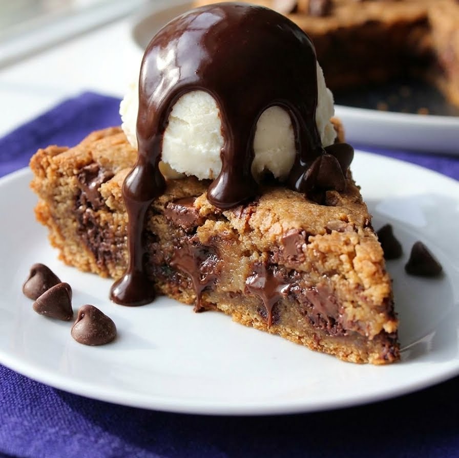Slice of cookie pie served on a plate with ice cream