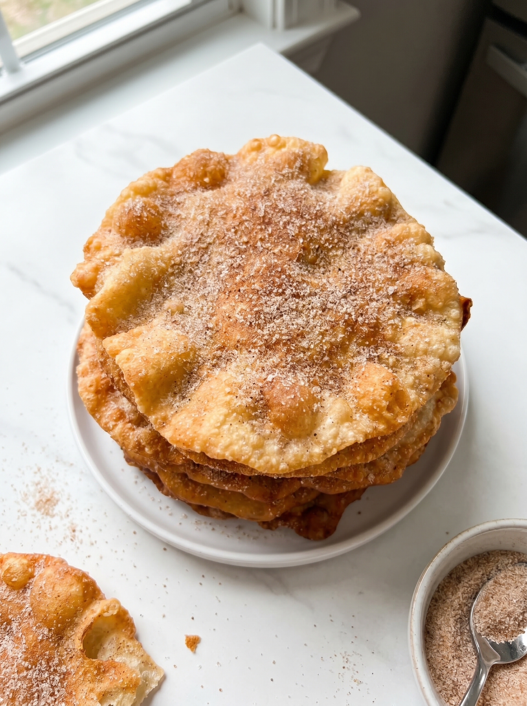 Stack of cinnamon sugar bunuelos