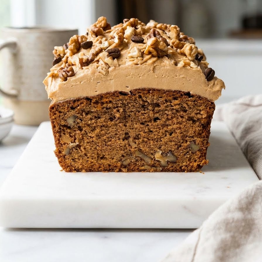 Sliced coffee and walnut loaf with buttercream