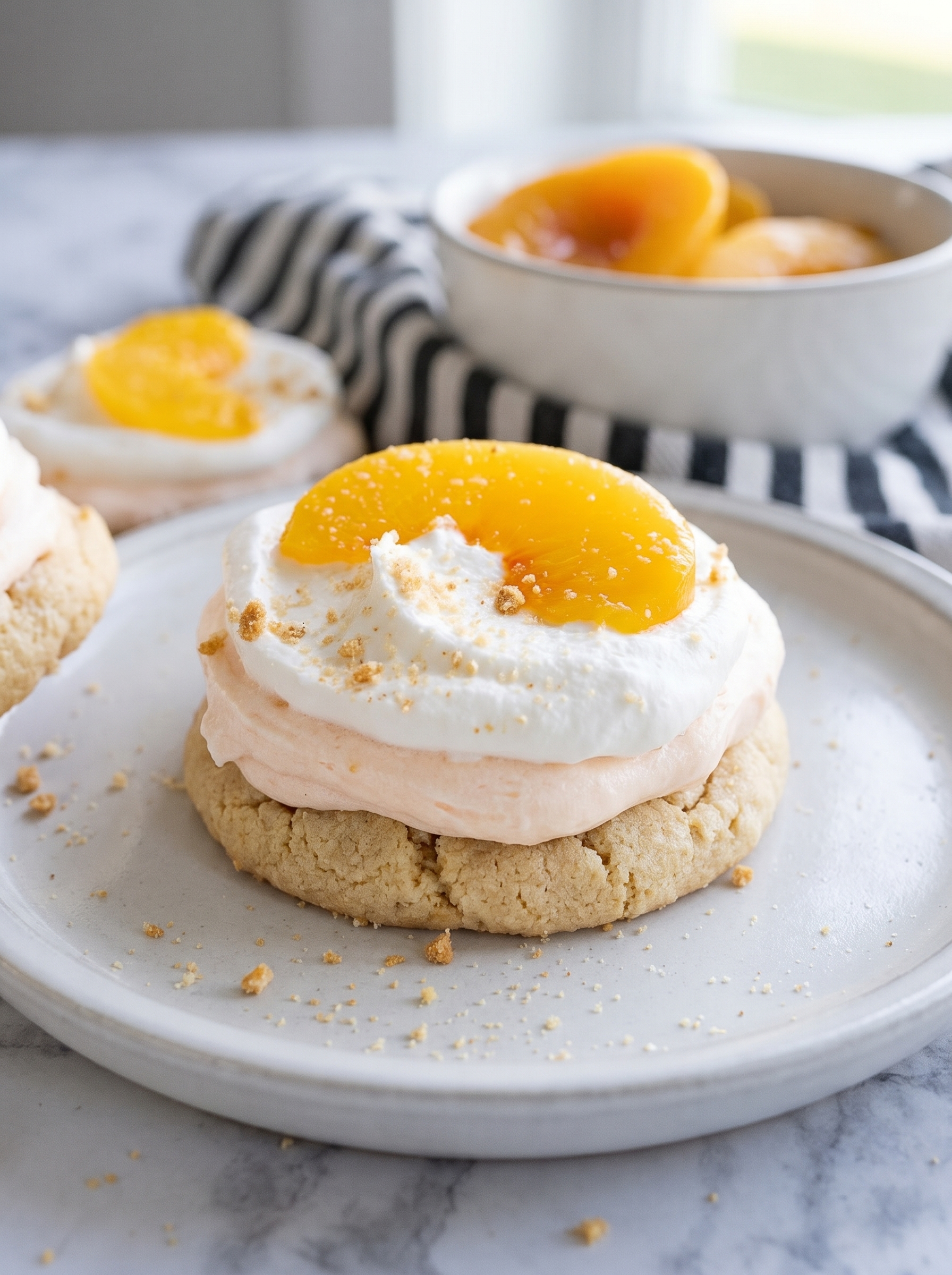 Stack of peaches and cream cookies with peach slice on top
