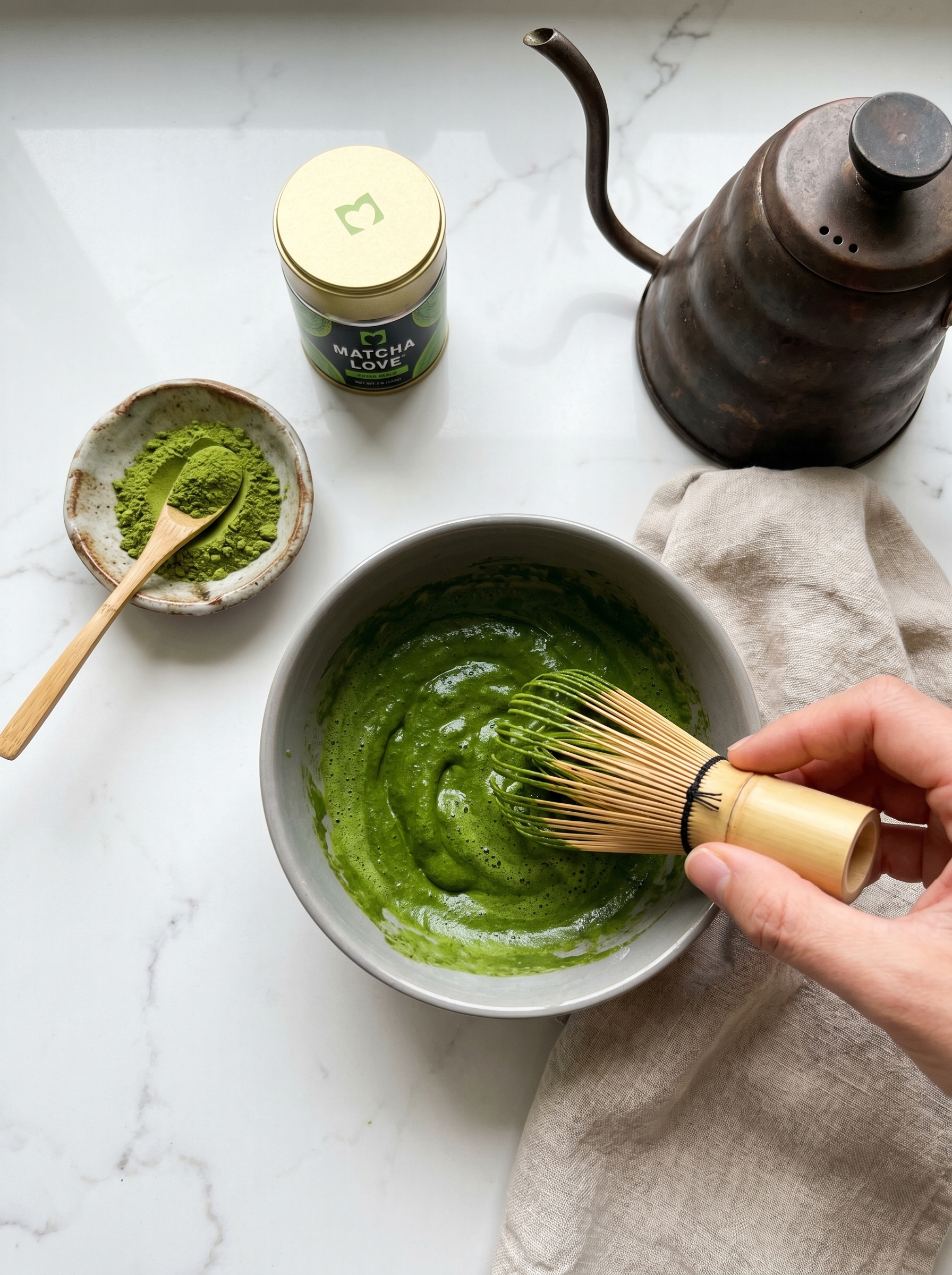 Iced matcha latte in a glass on a wooden table