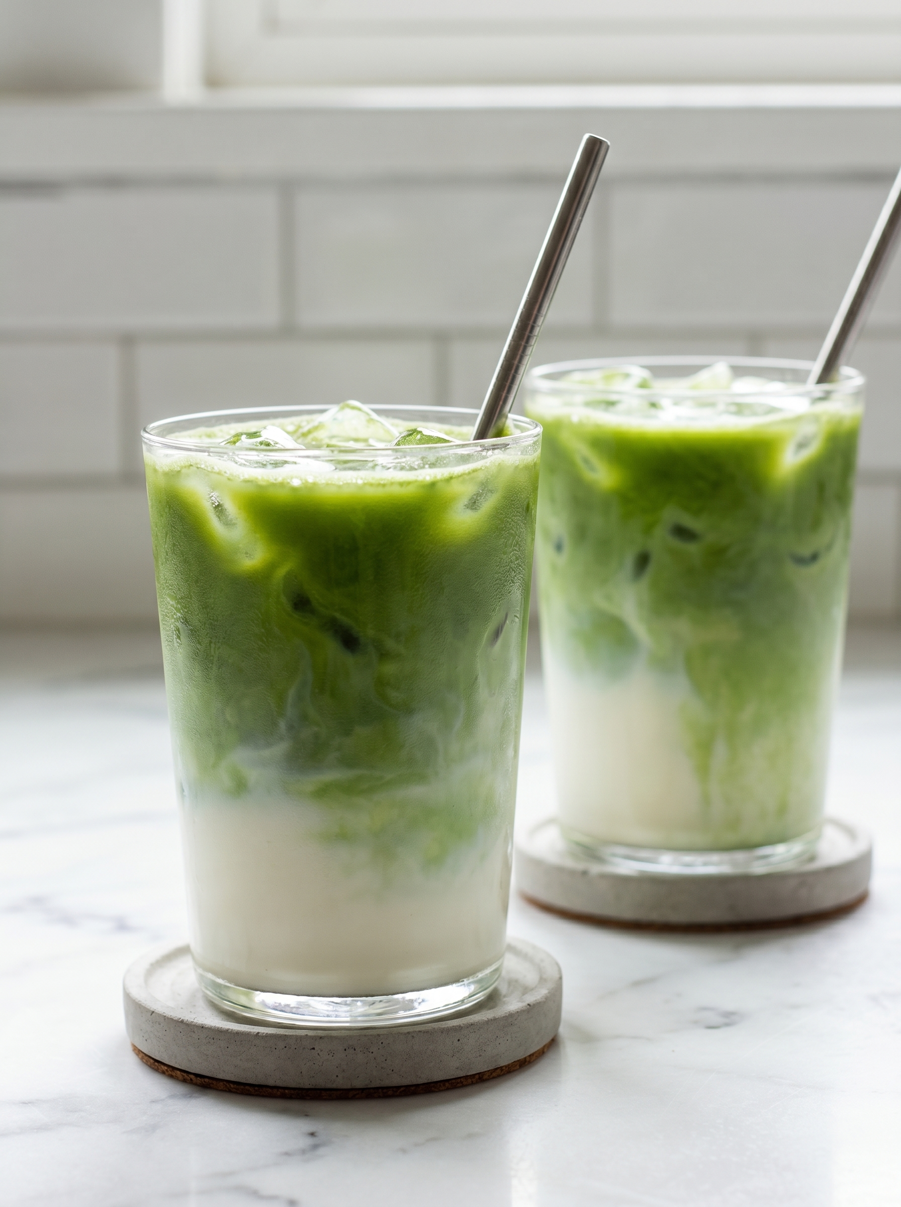 Top down view of iced matcha latte with a straw