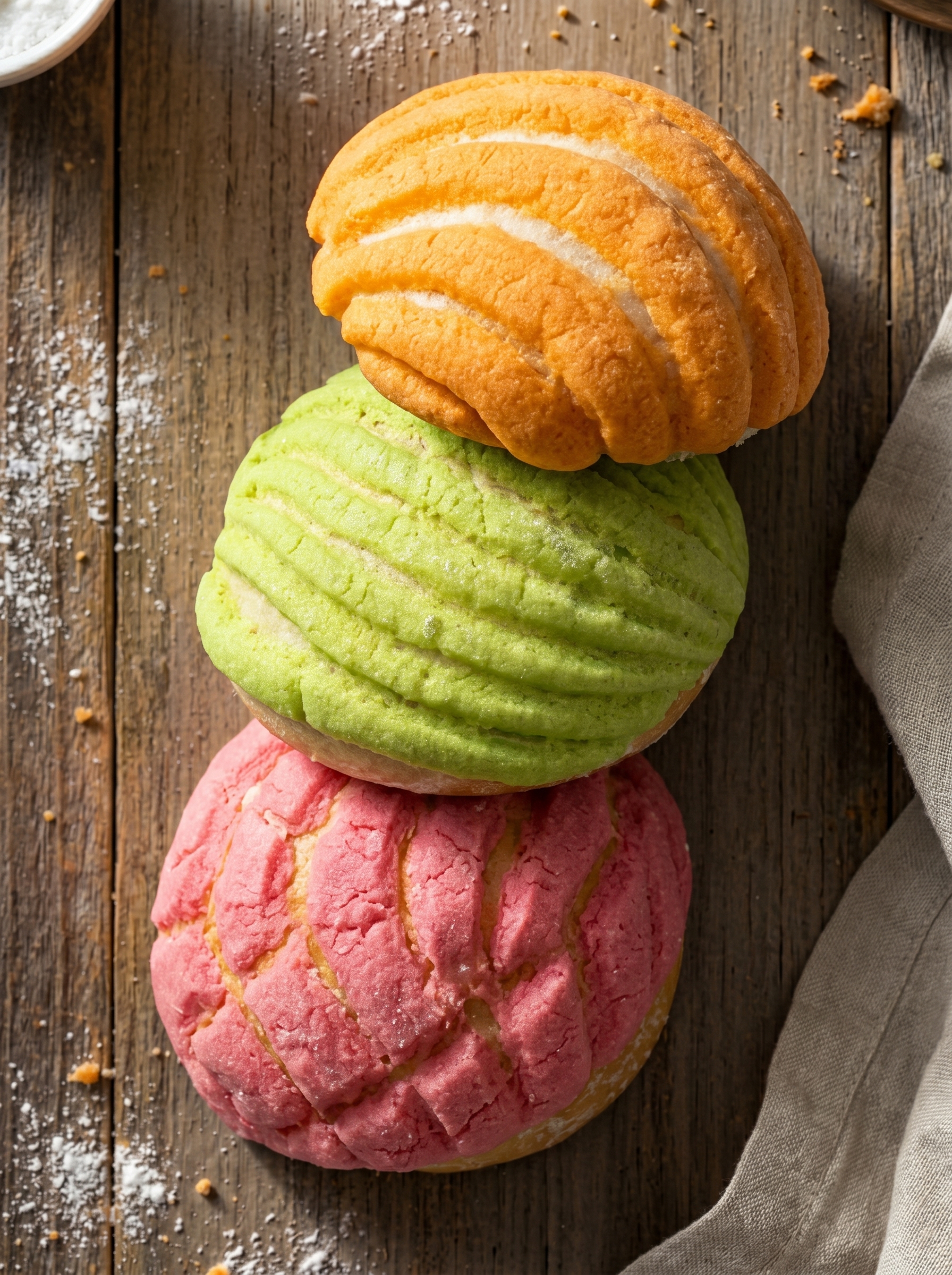 Tray of colorful conchas with shell-patterned sugar topping