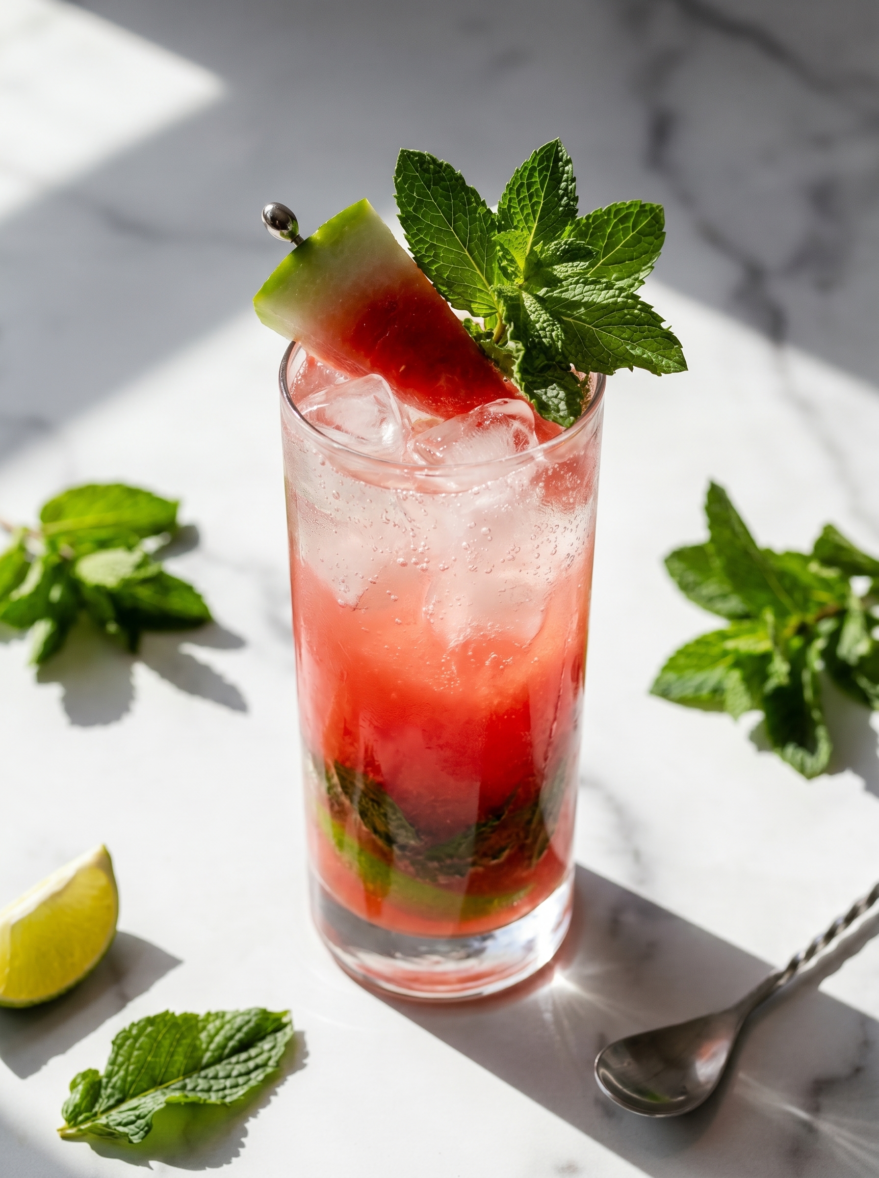 Close-up of watermelon mojito with condensation
