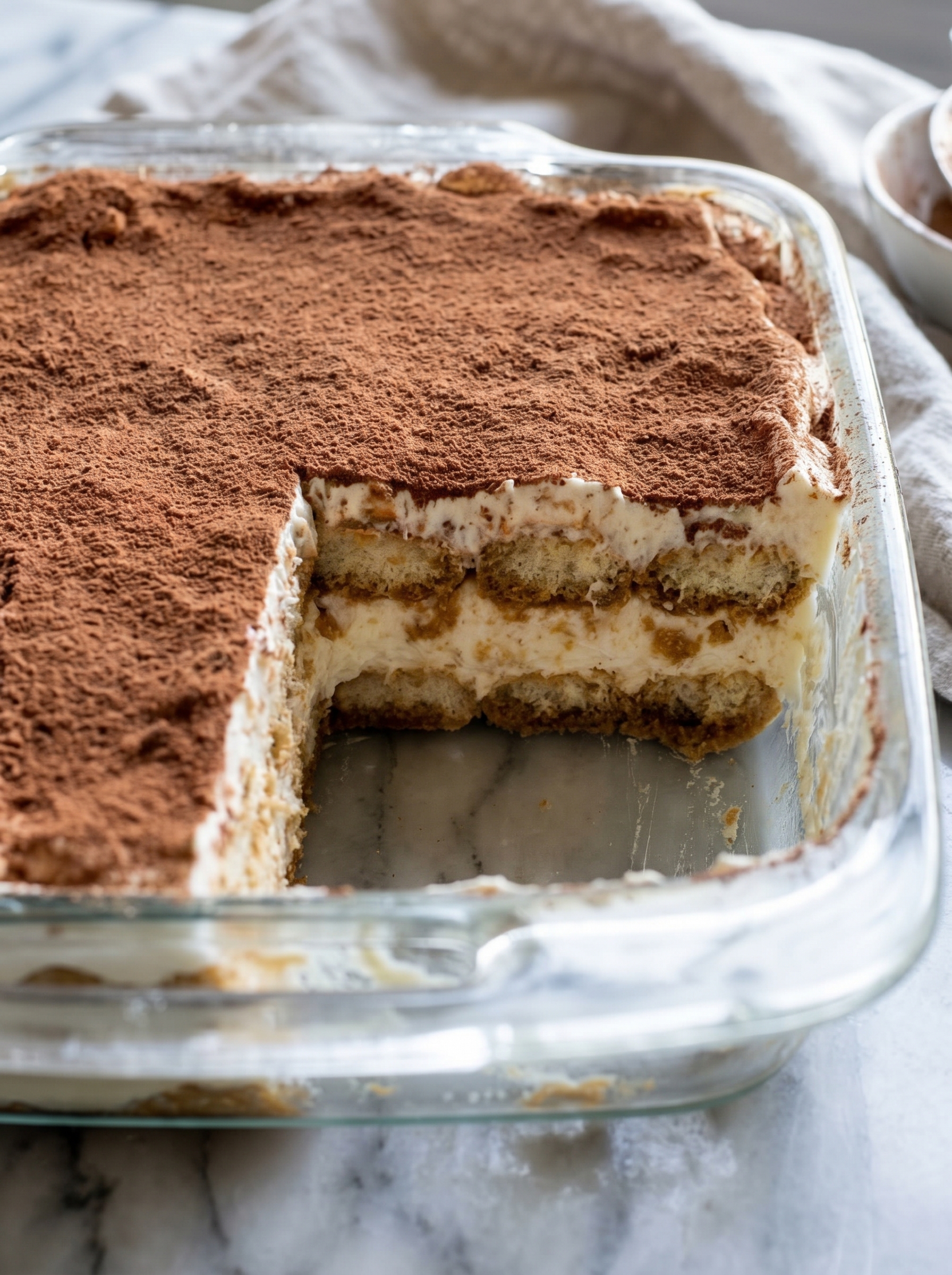 Close up of finished tiramisu with cocoa dusting
