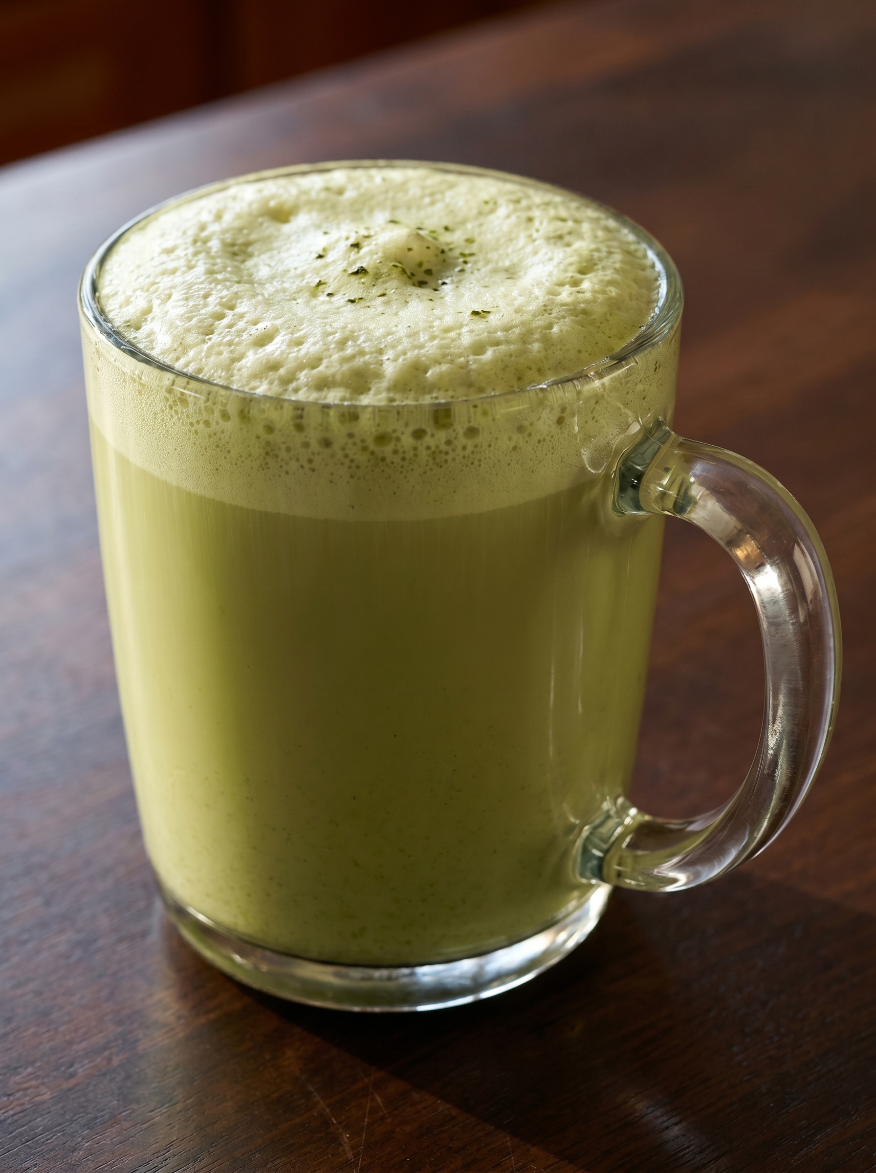 Iced matcha latte in a glass with ice cubes
