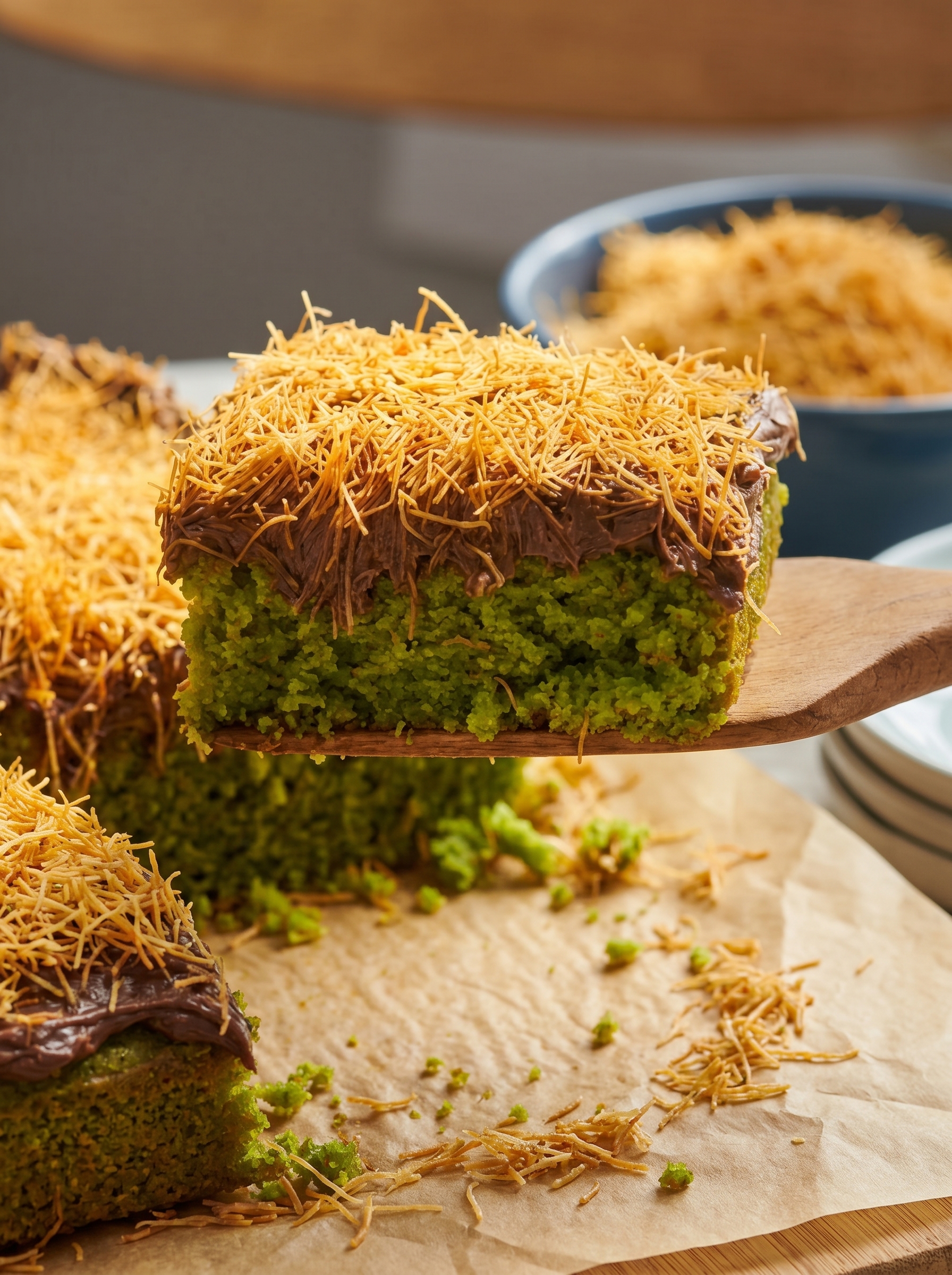 Close up of slice showing frosting and toasted kataifi