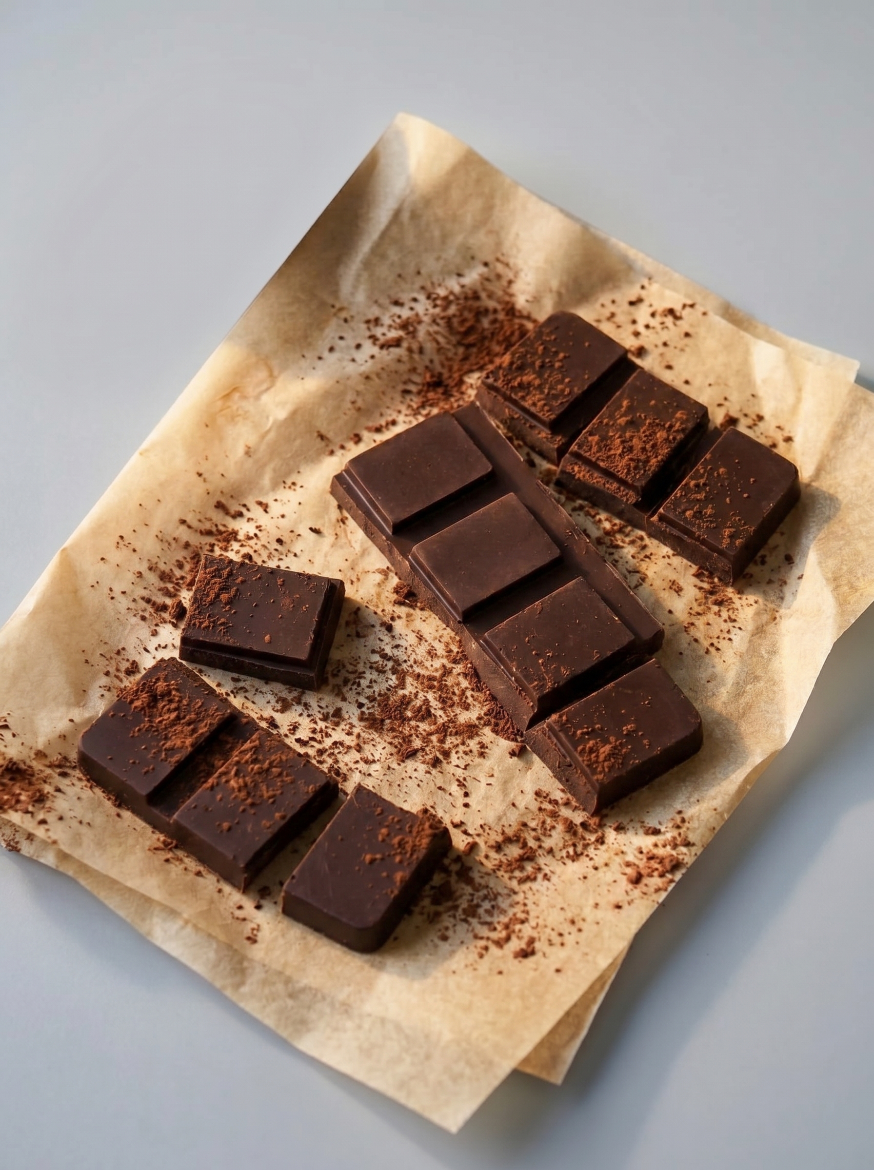 Two finished dark chocolate bars on a wooden board