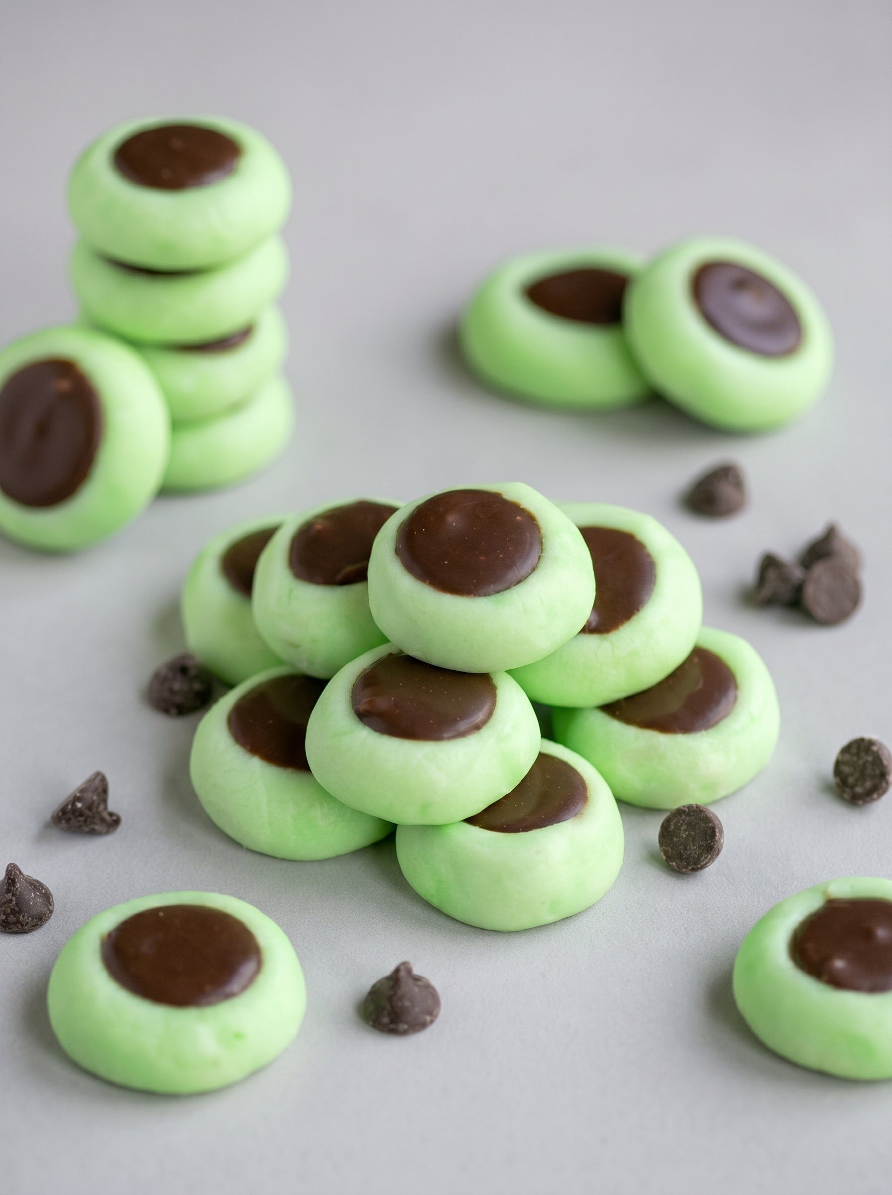 Piping ganache into mint buttons