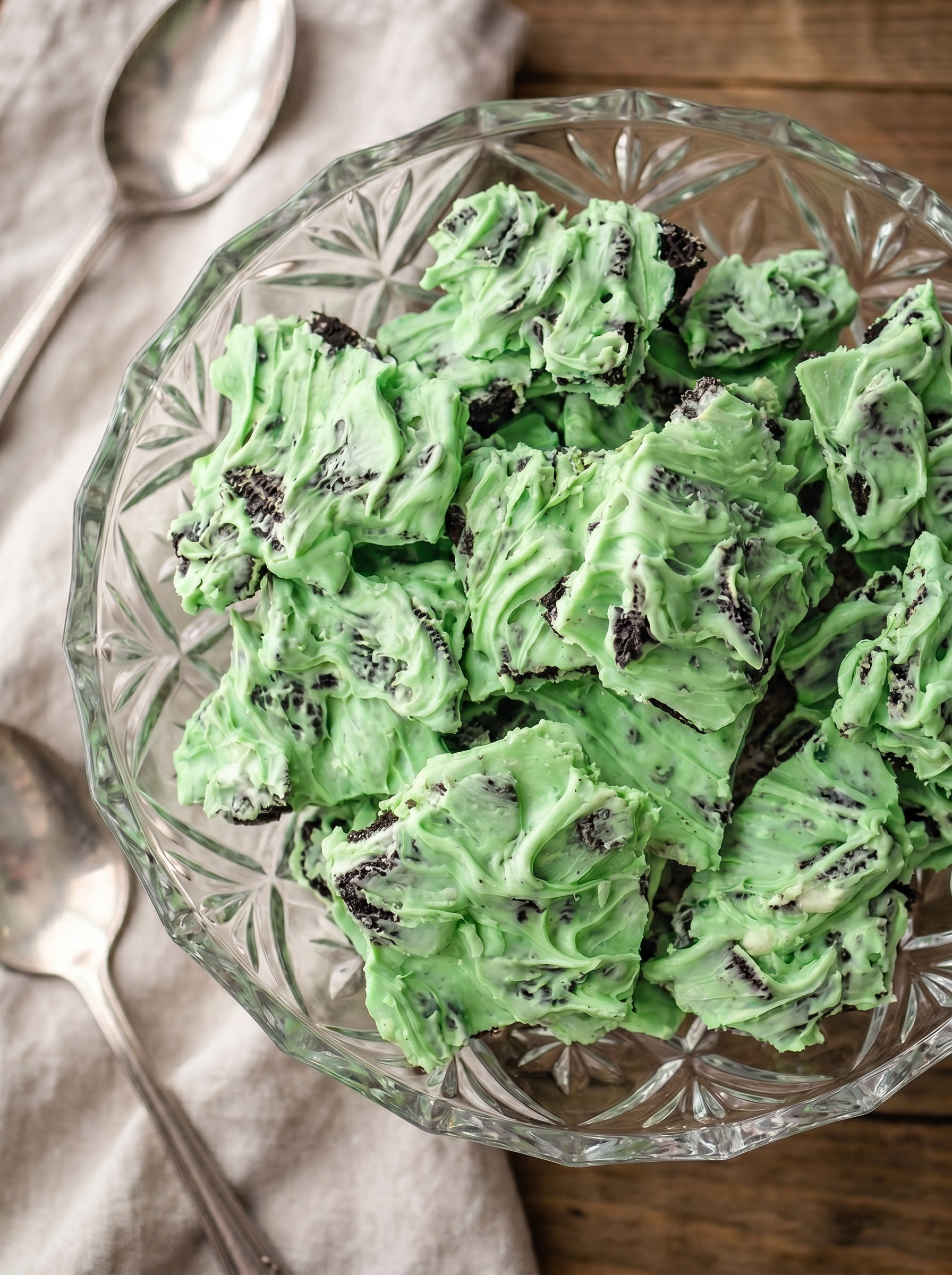 Close-up of chopped Oreo pieces in white chocolate