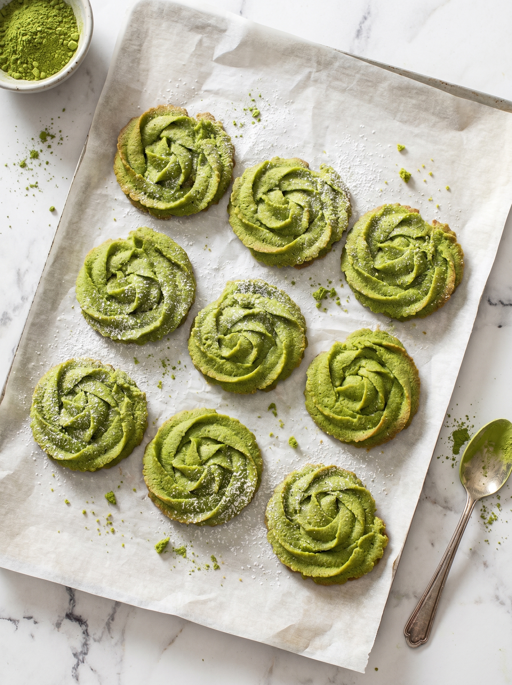 Close-up of a matcha butter cookie showing crumb texture