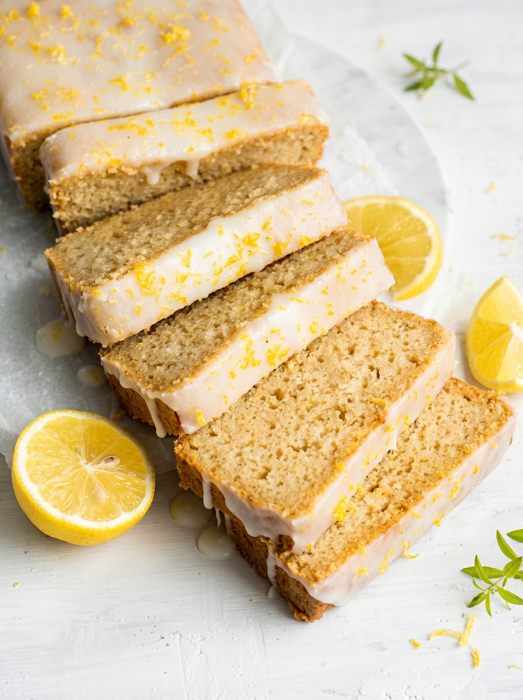 Lemon loaf with glaze on a serving board