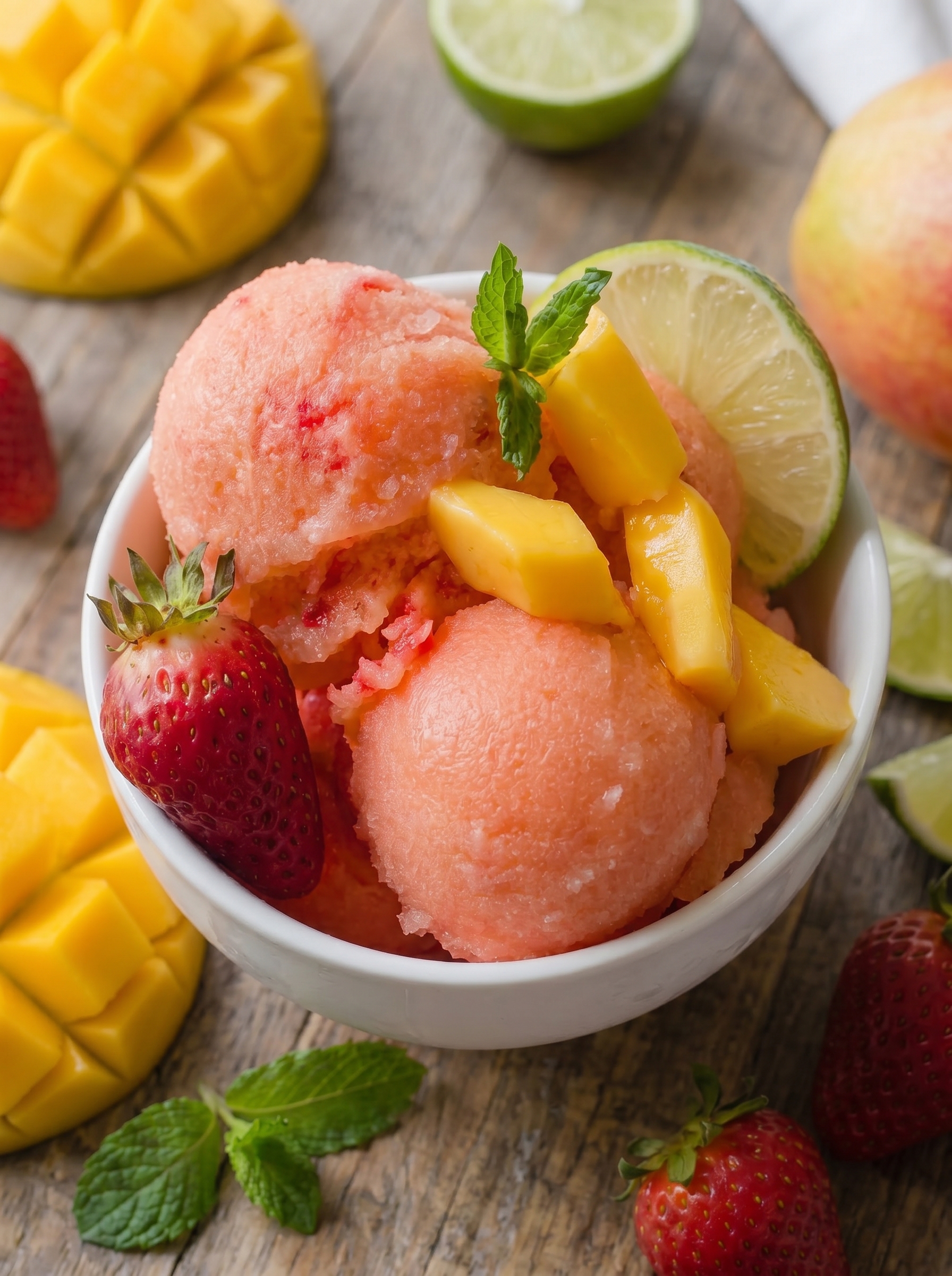 Close-up of mango strawberry sorbet in a bowl
