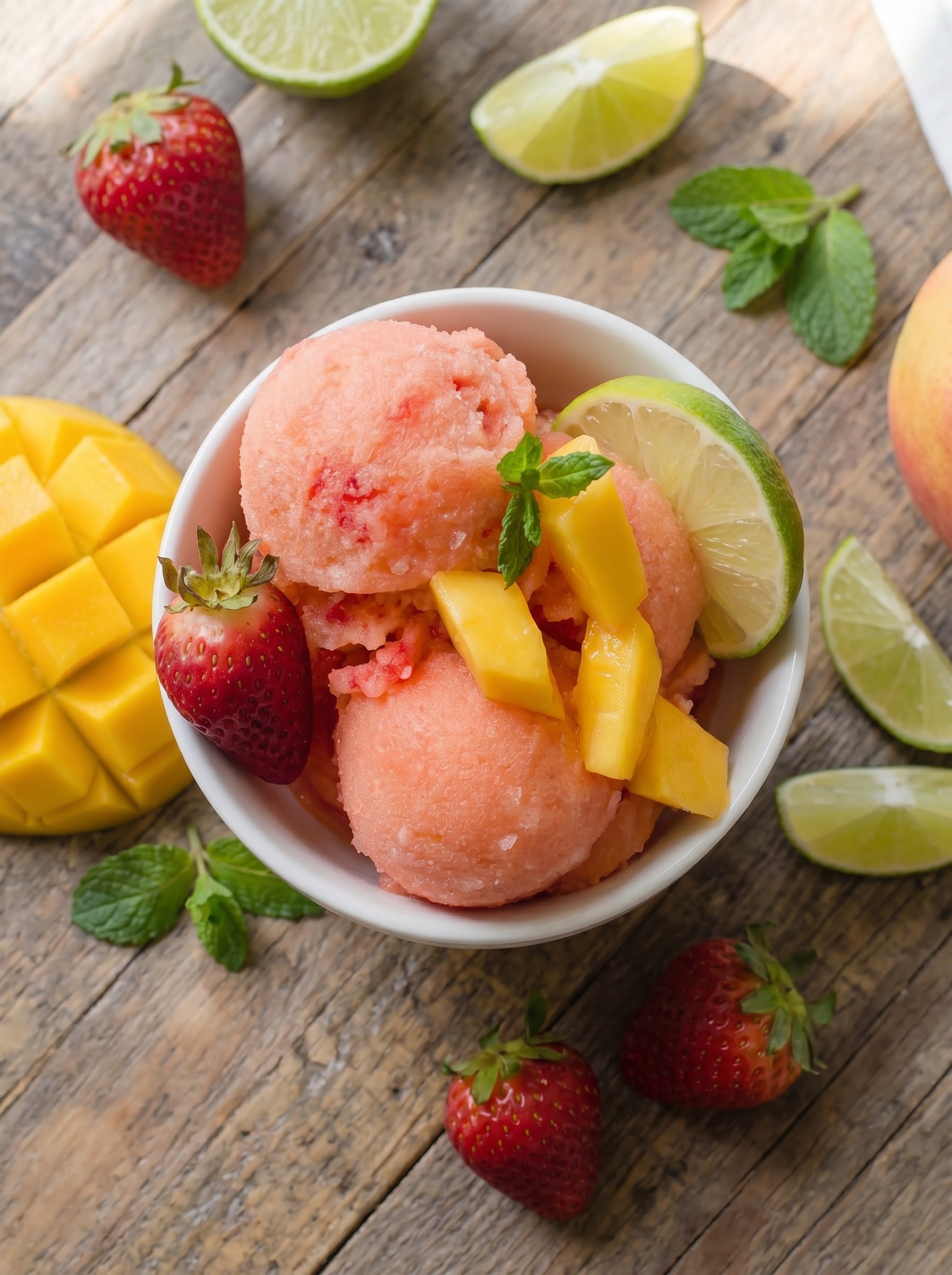 Two spoons serving bright pink sorbet with mint garnish