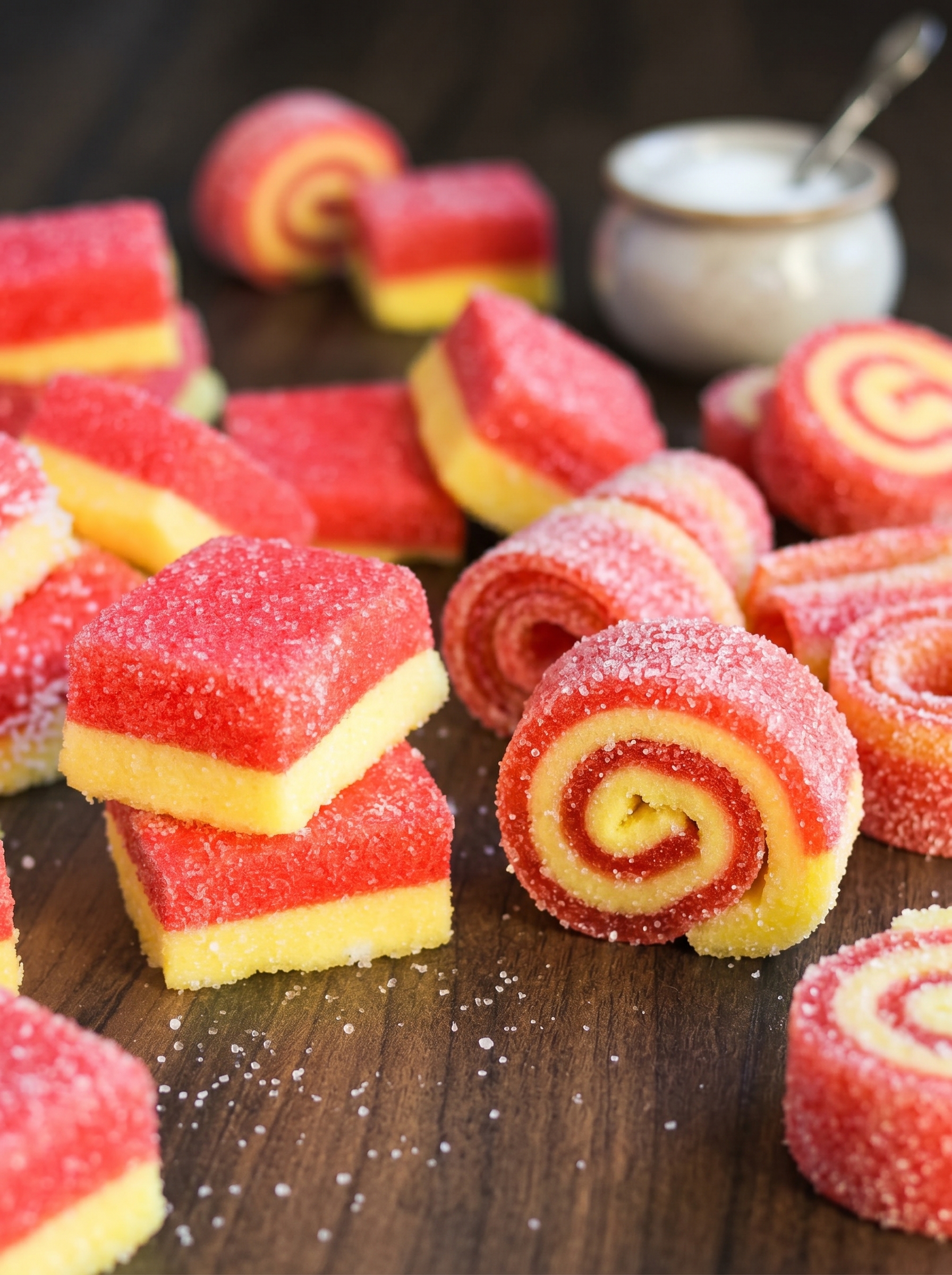 Close up of colorful jello marshmallow pinwheels