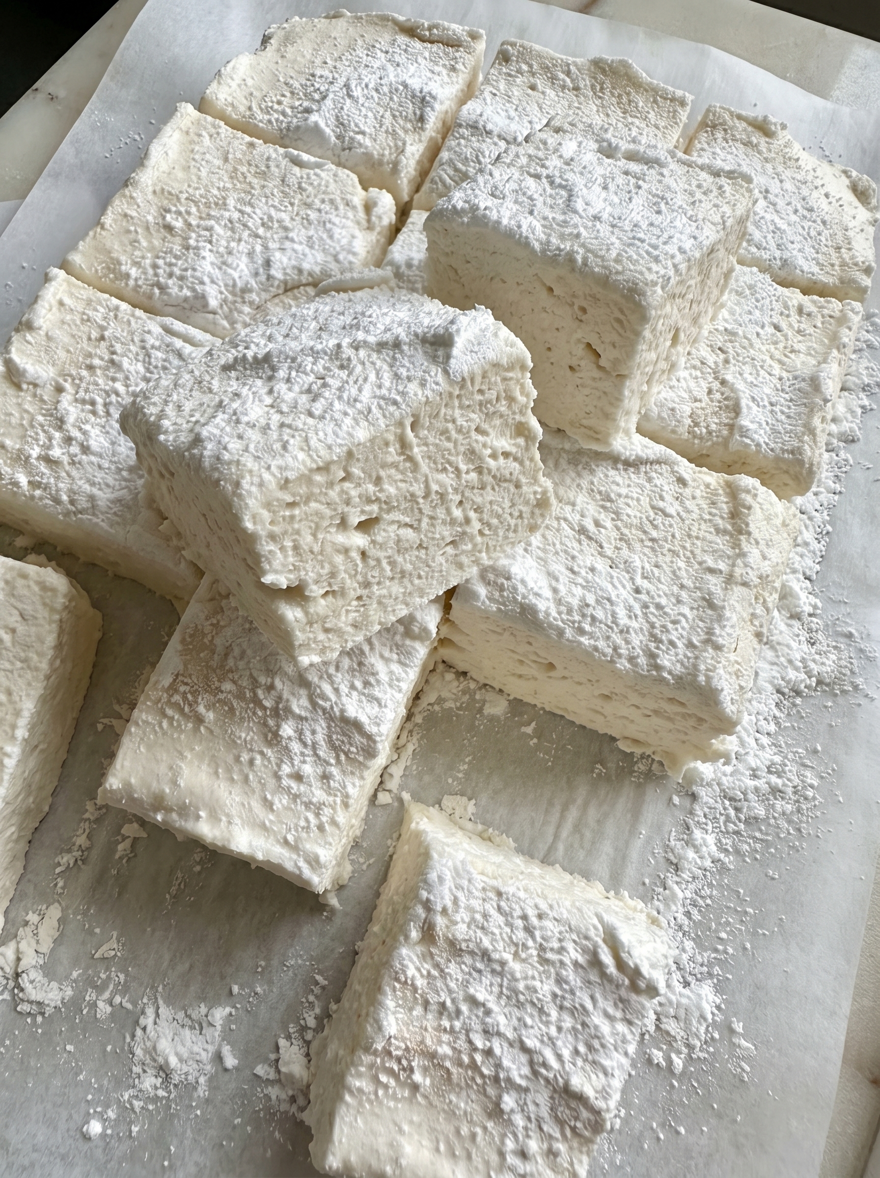 Marshmallows on a serving board with cocoa