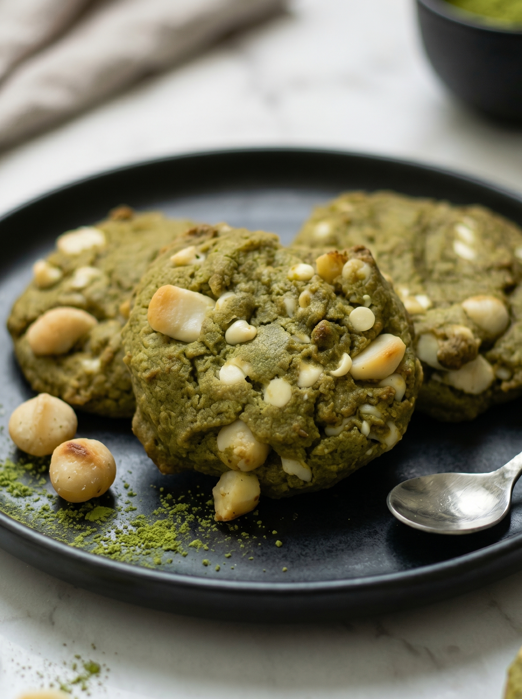Close up of matcha cookies showing green color and white chocolate