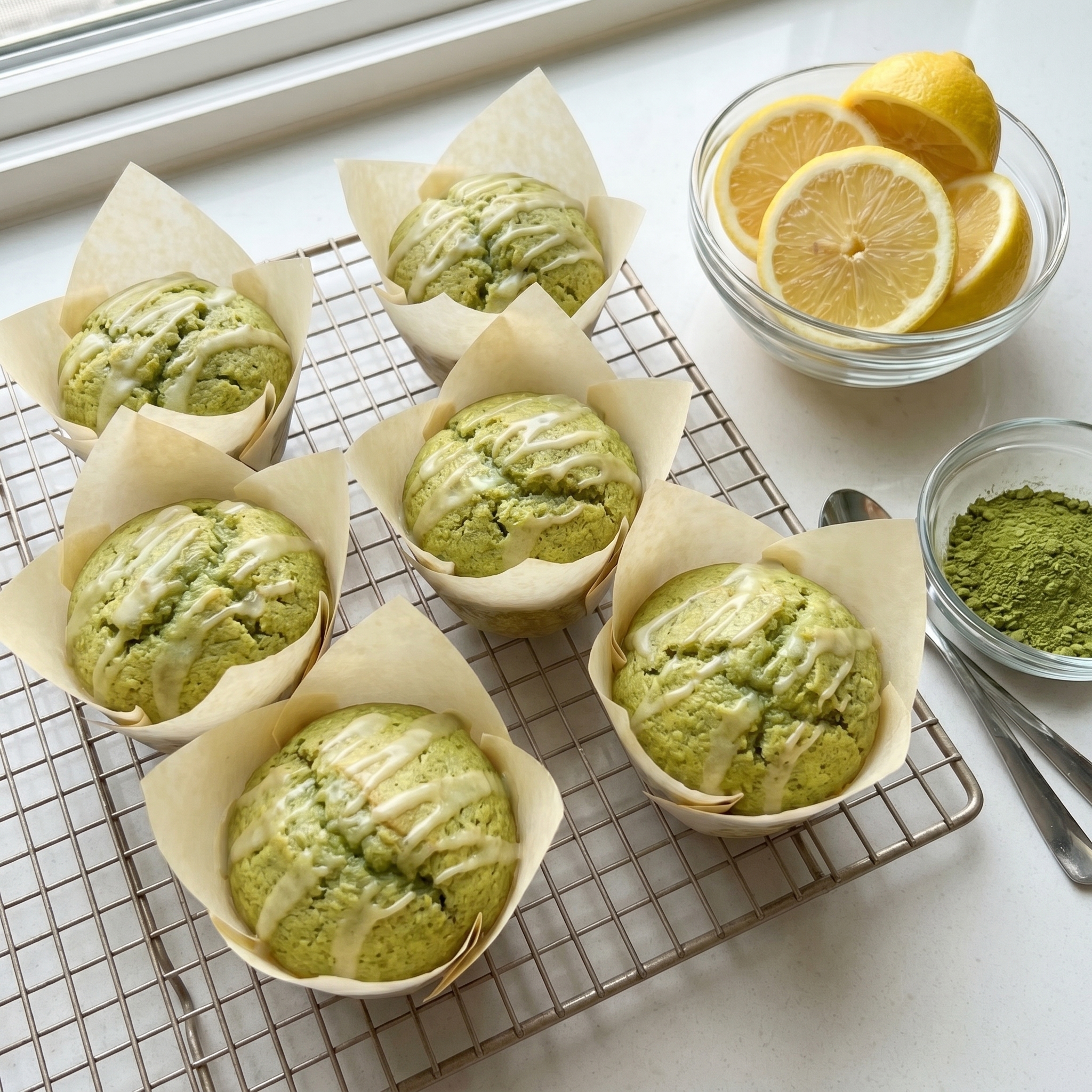 Close up of a matcha lemon muffin showing crumb and zest
