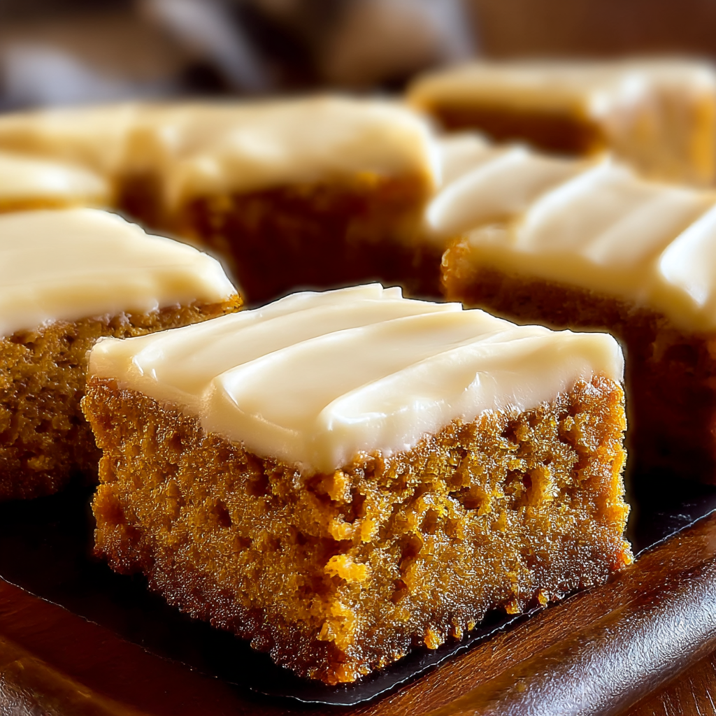 Cream cheese frosting being spread on pumpkin bars