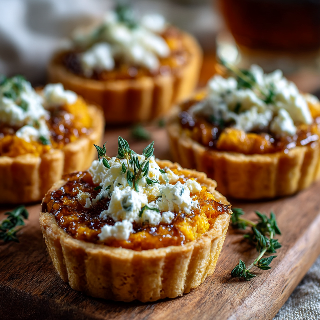 Mini pumpkin goat cheese tartlets cooling on a tray