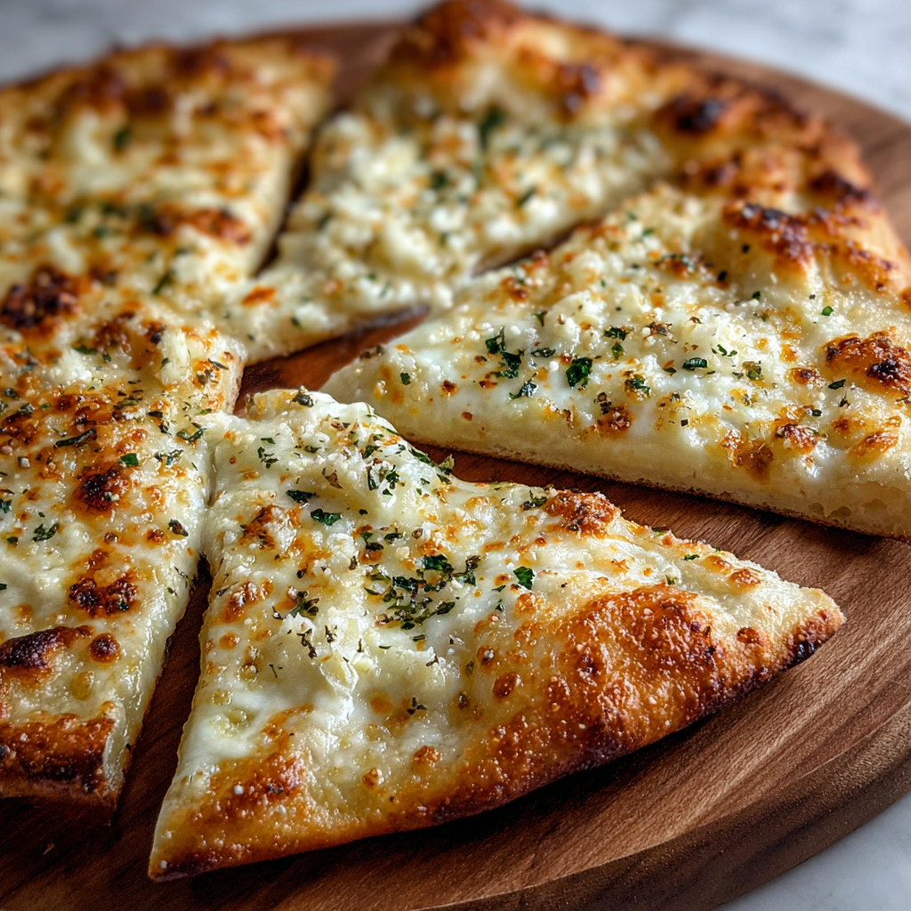 Freshly baked white pizza with bubbling cheese and golden crust
