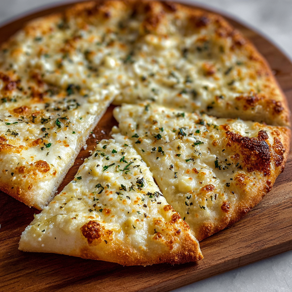 Sliced white pizza with arugula topping on a wooden board