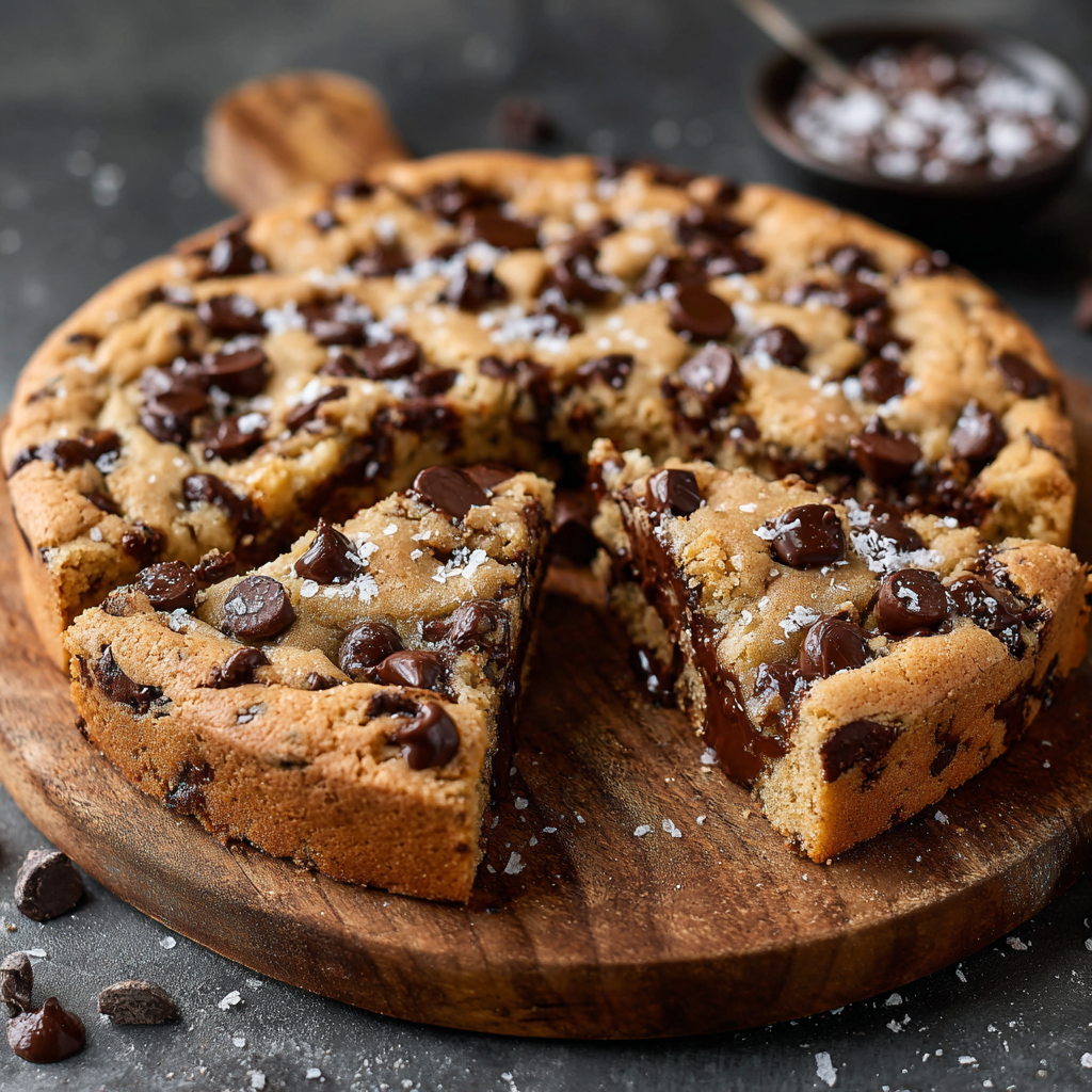 Slice being cut from a Giant Chocolate Chip Cookie Cake