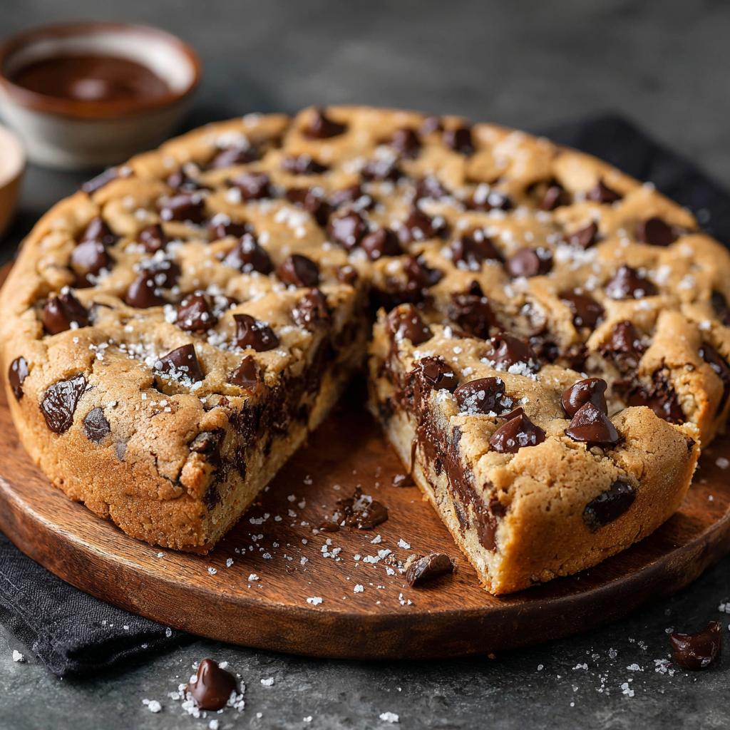 Top-down view of a Chocolate Chip Cookie Cake with chocolate frosting and sprinkles