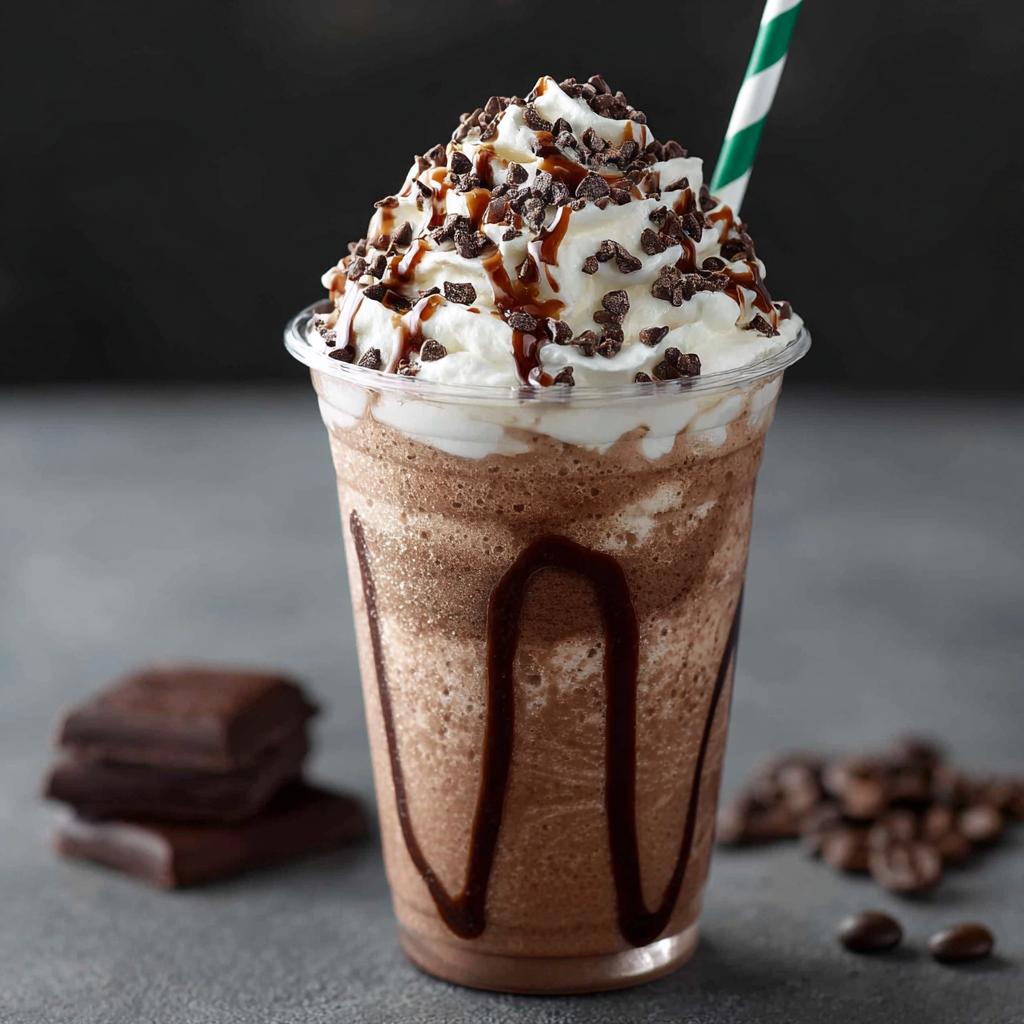 Close-up of double chocolate chip frappuccino in glass with whipped cream
