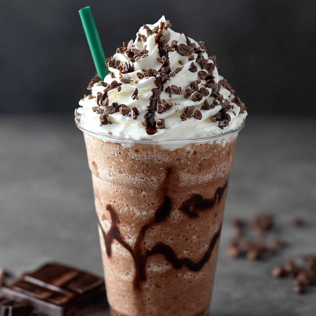 Glass with chocolate drizzle and whipped cream on top of frappuccino