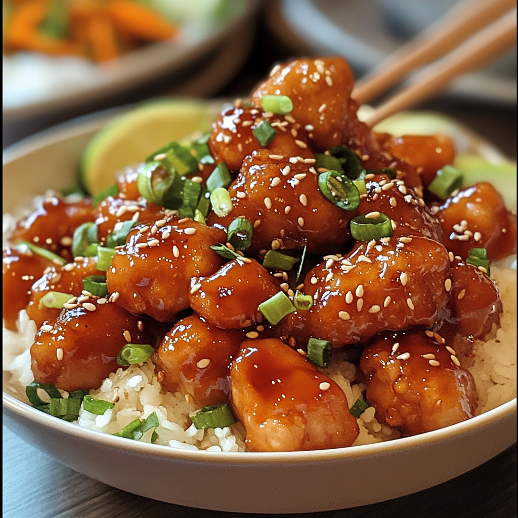 Golden honey sesame chicken pieces in a wok
