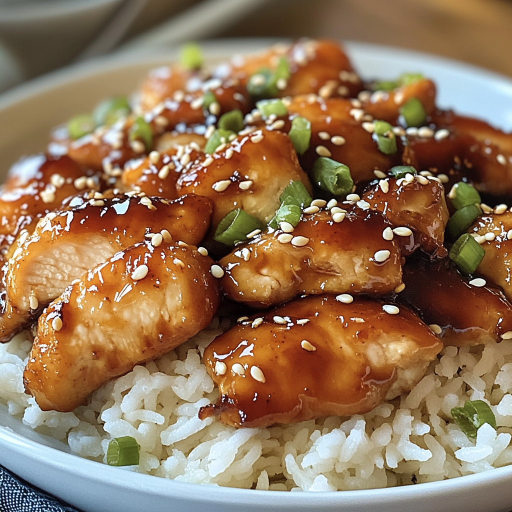 Plated honey sesame chicken garnished with green onion and sesame seeds