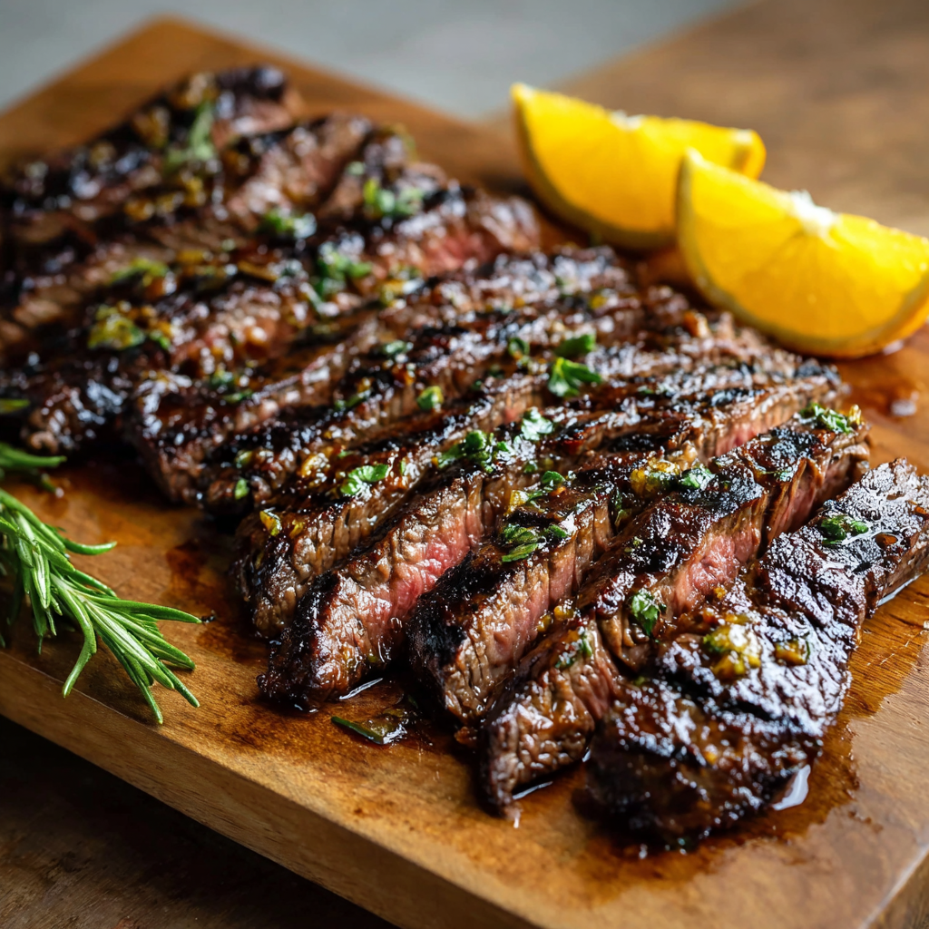 Skirt steak resting on a cutting board after cooking