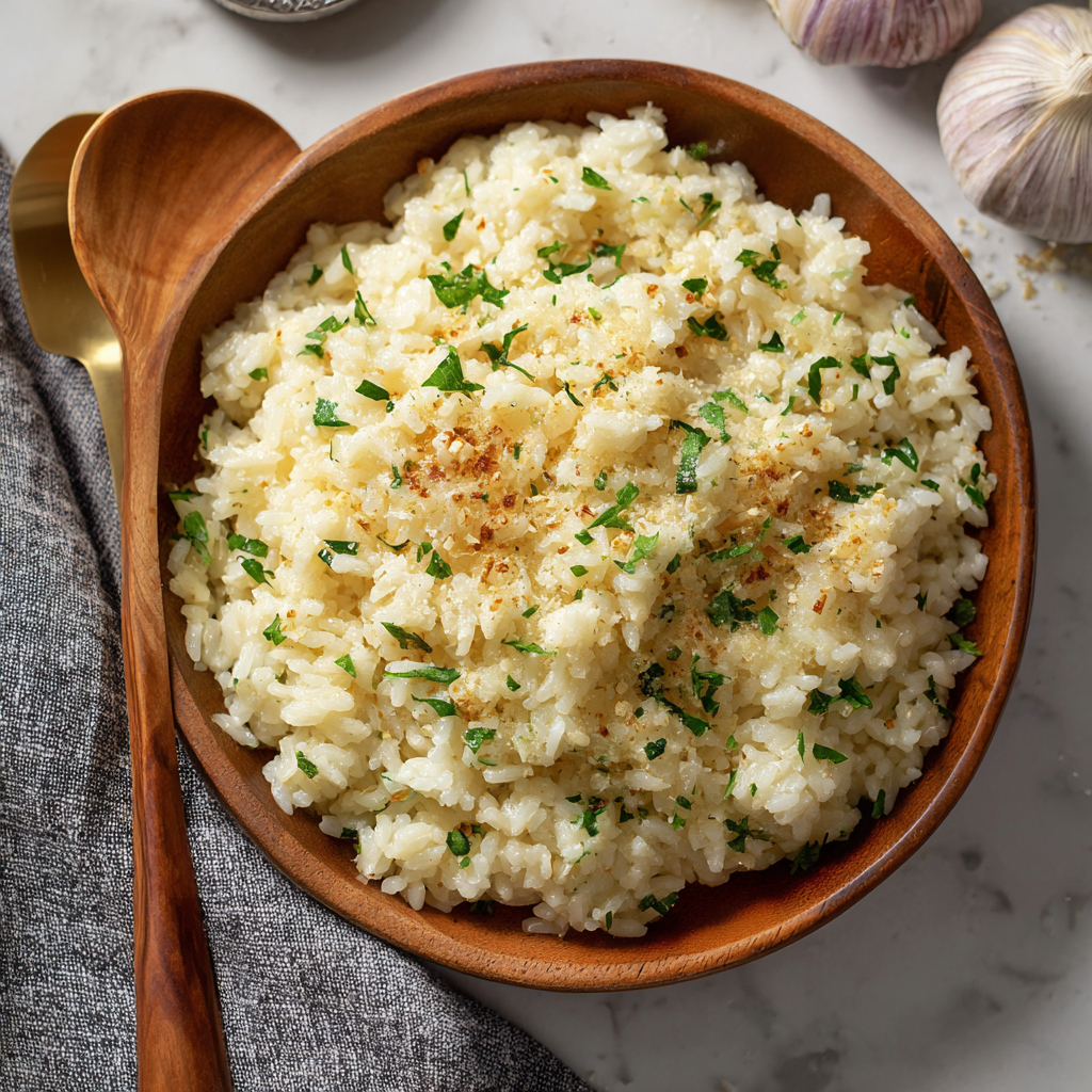 Garlic Parmesan Rice in a white bowl garnished with parsley