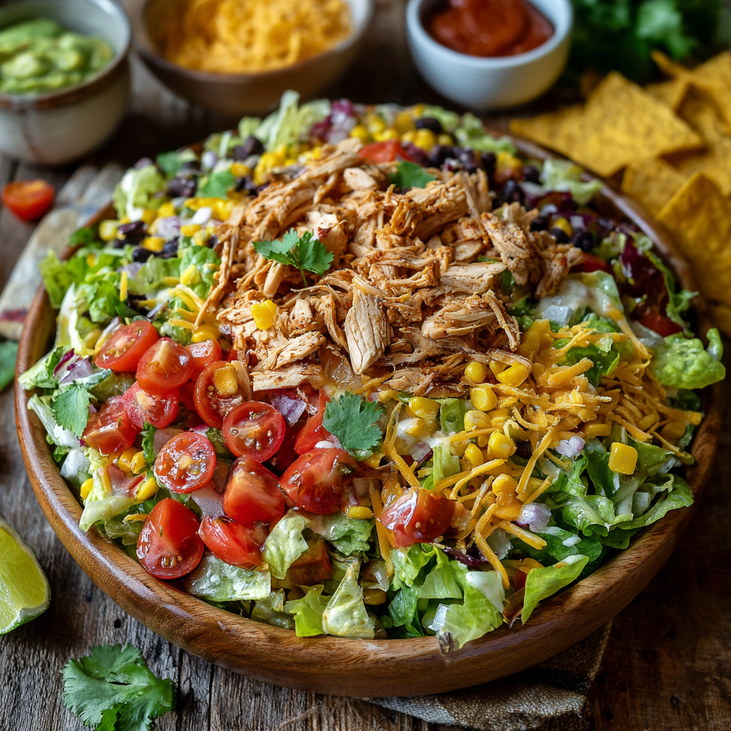 Tex-Mex chicken chopped salad in a bowl with tortilla chips