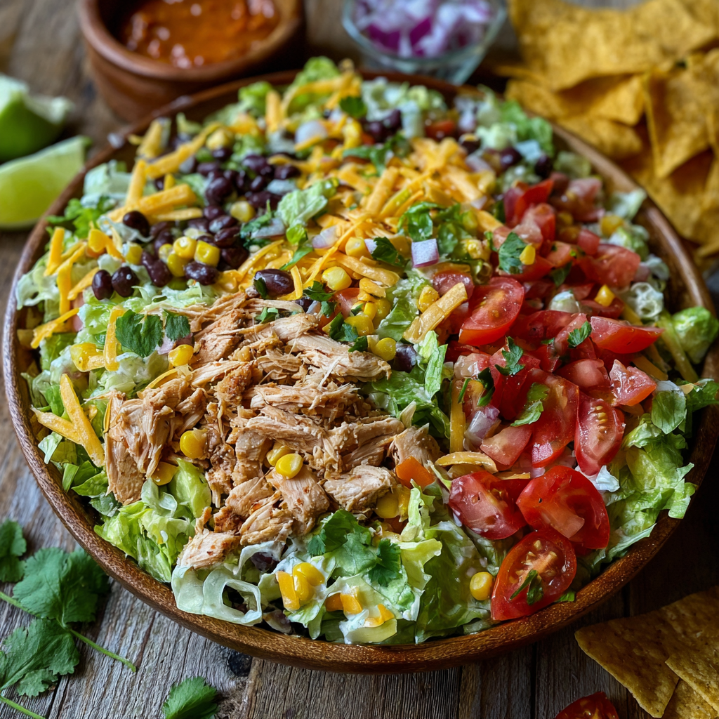Close-up of salad ingredients: corn, beans, and chicken