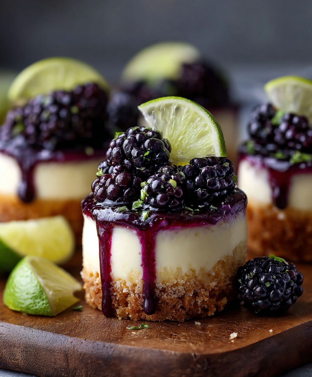 Blackberry lime cheesecake cupcakes on a cooling rack