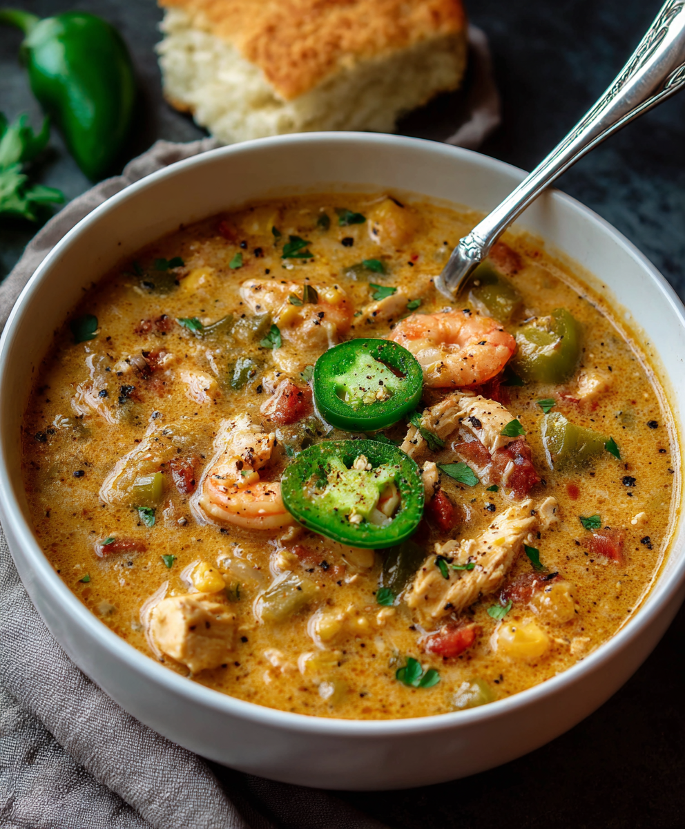 Cajun white chicken chili in a bowl with cornbread