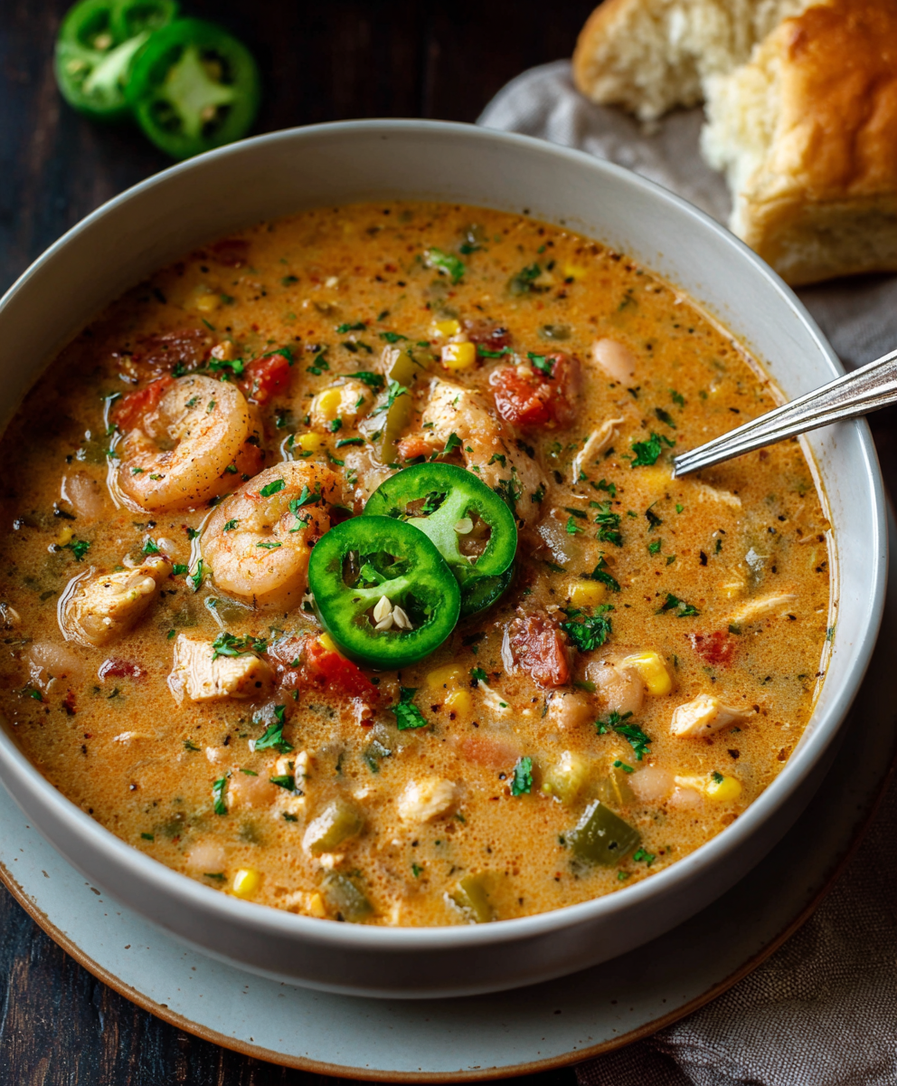 Ladle of creamy chicken chili showing beans and sausage