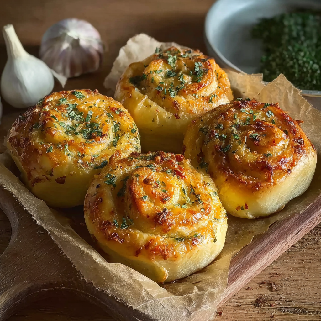 Sliced cheesy garlic rolls revealing melted center