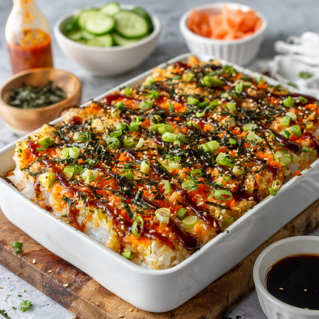 Easy Sushi Bake in a rimmed baking sheet, broiled and garnished