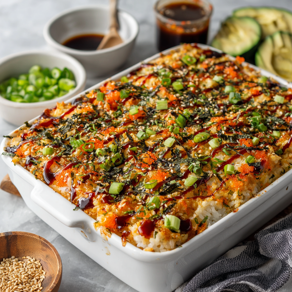 Close-up of sushi bake topping with spicy mayo drizzle and furikake