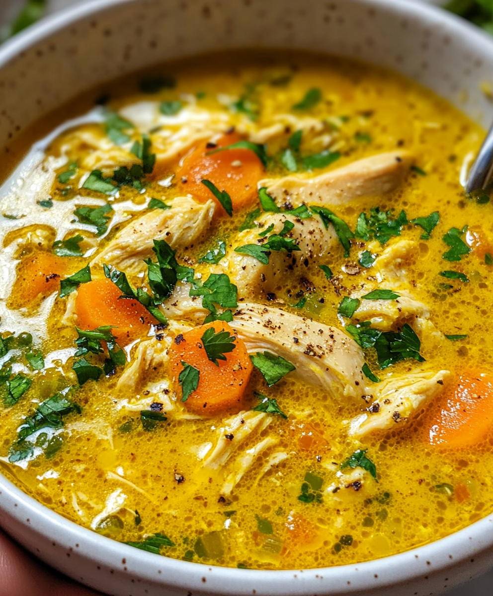 Golden turmeric chicken soup in a bowl