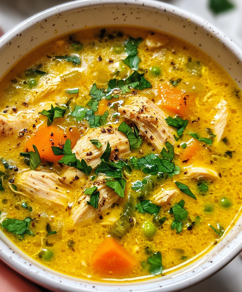 Spoon lifting turmeric soup with parsley