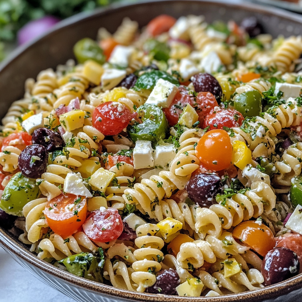 Close-up of Greek pasta salad with feta and olives