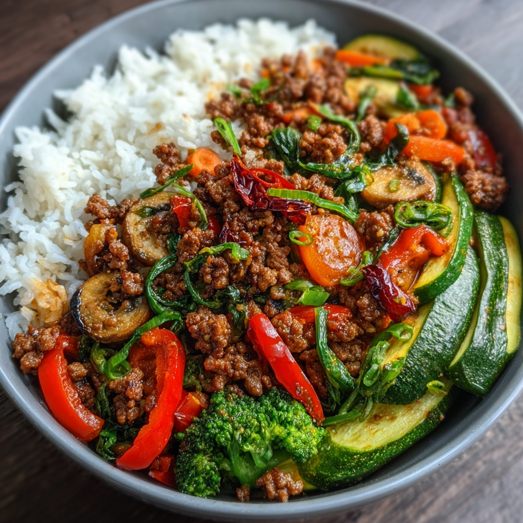Close up of garlic vegetables and beef in skillet