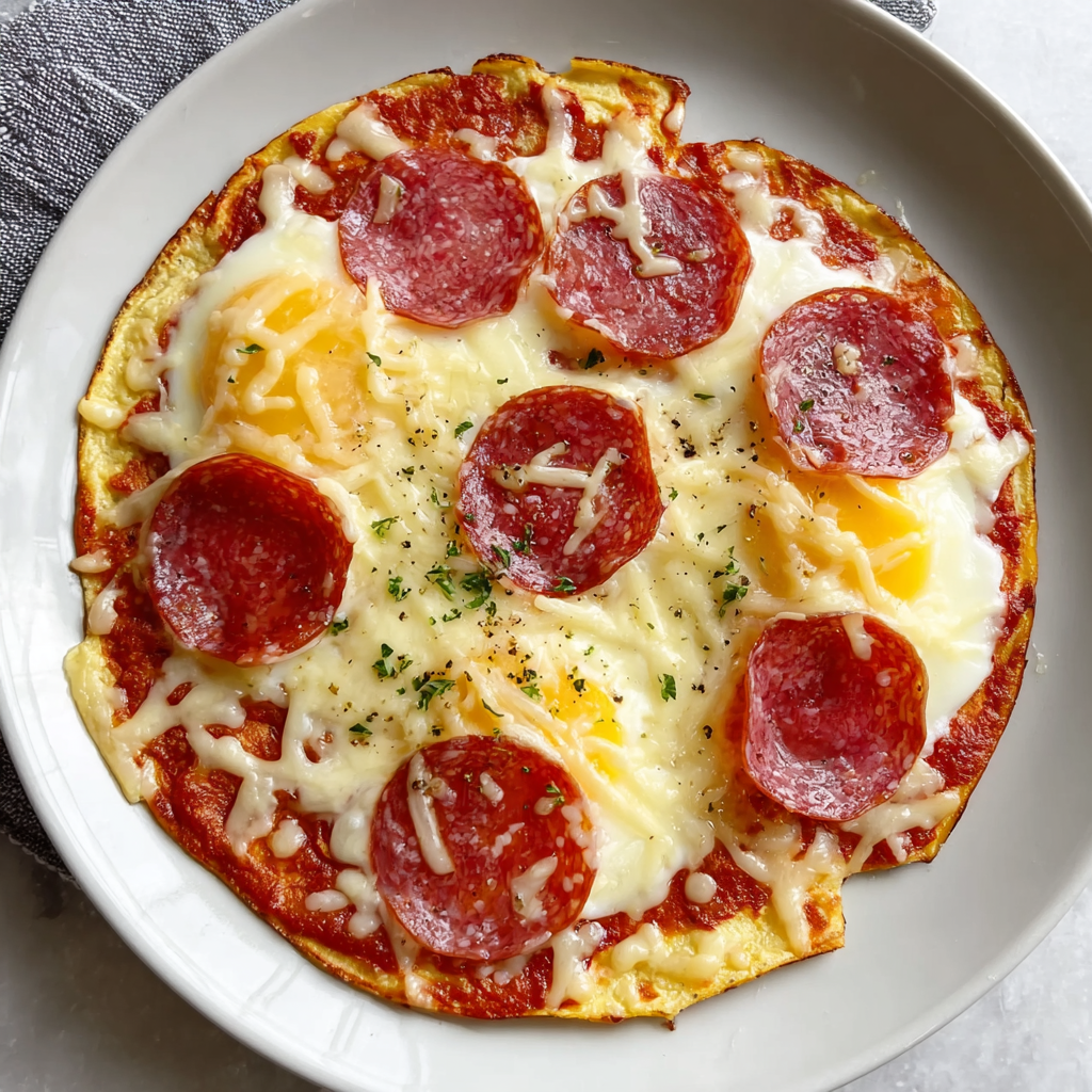 Pizza Eggs in non-stick pan with melted cheese