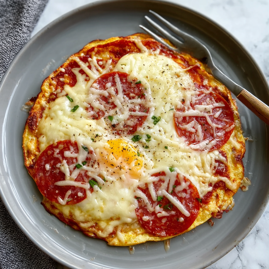 Close-up of pizza-style egg with herbs